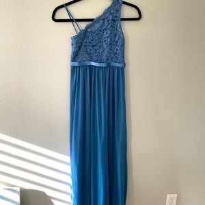 David’s Bridal junior bridesmaid dress in periwinkle color.  Lace top.